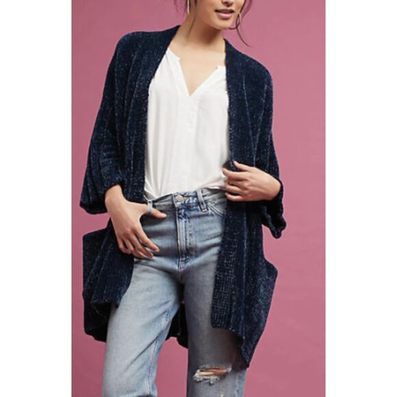 ANTHROPOLOGIE Moth Blue Chenille Oversized Wide Sleeve Cardigan Sweater Large - Picture 2 of 10